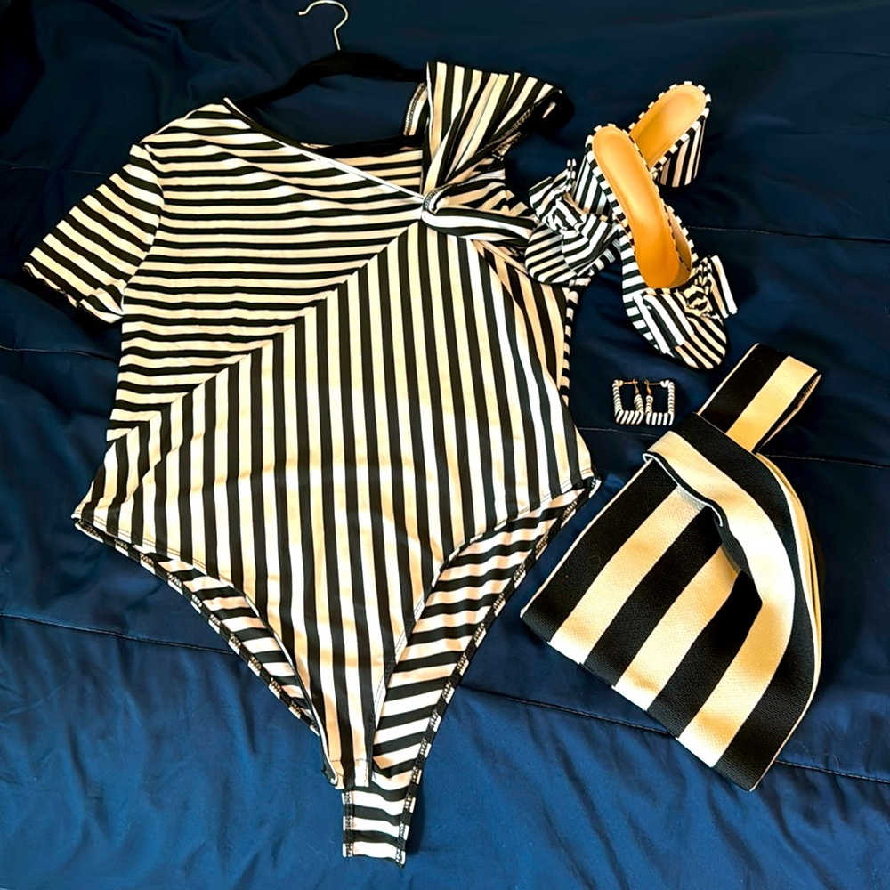 Black and white bodysuit, purse, earrings and shoes
